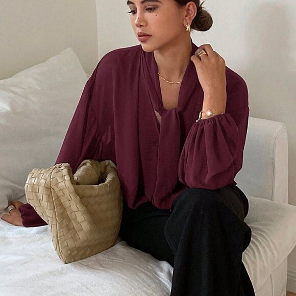 Burgundy Casual Women's Loose Fit Long Sleeve Tie Blouse - Picture 6 of 6